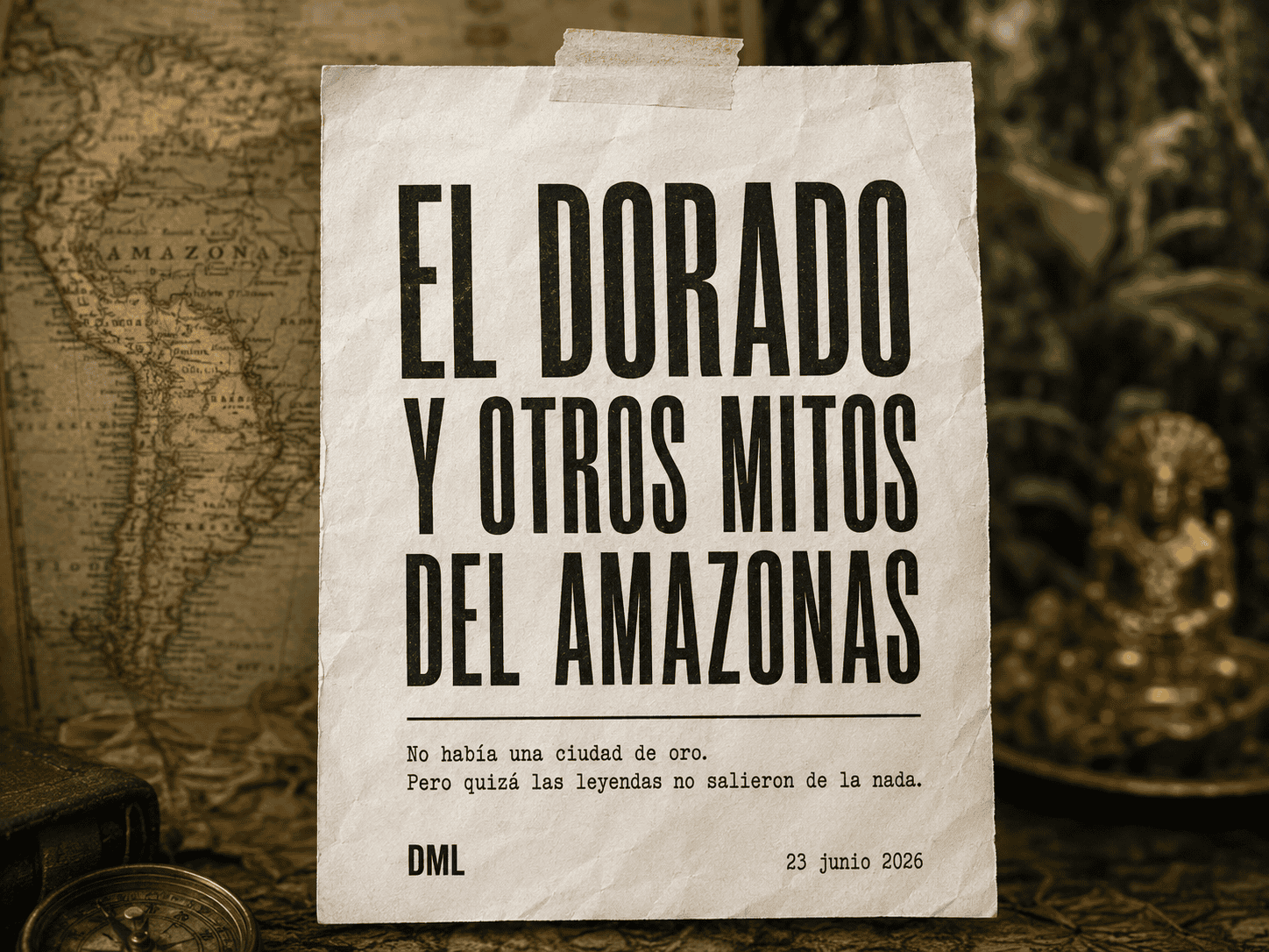 Hoja editorial con el título “El Dorado y otros mitos del Amazonas” sobre un fondo de mapa antiguo, selva y objetos dorados inspirados en la leyenda de El Dorado.