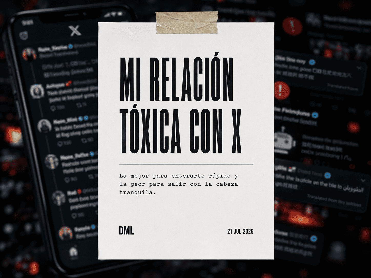 Portada del artículo Mi relación tóxica con X, con un móvil mostrando un feed caótico de X y un cartel blanco central