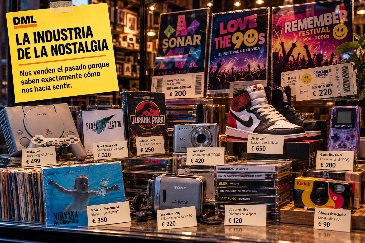 Escaparate con productos retro, entradas de festivales y objetos de colección que representan la industria de la nostalgia