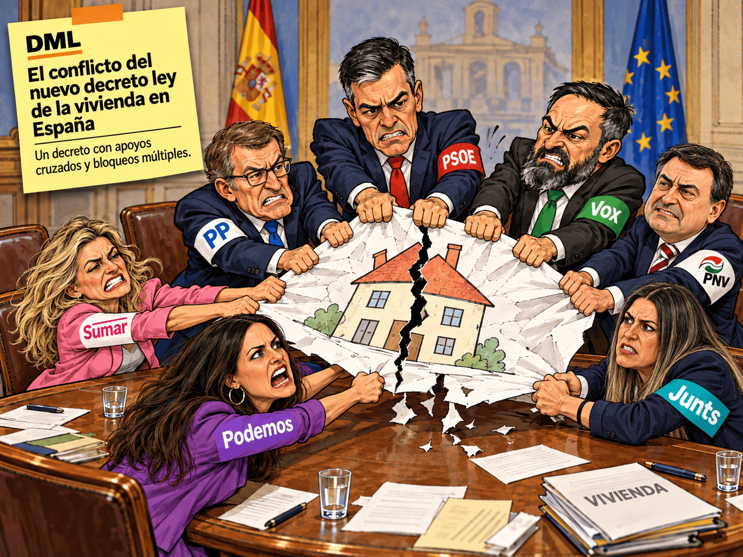 Caricatura editorial sobre el conflicto político del nuevo decreto ley de vivienda en España