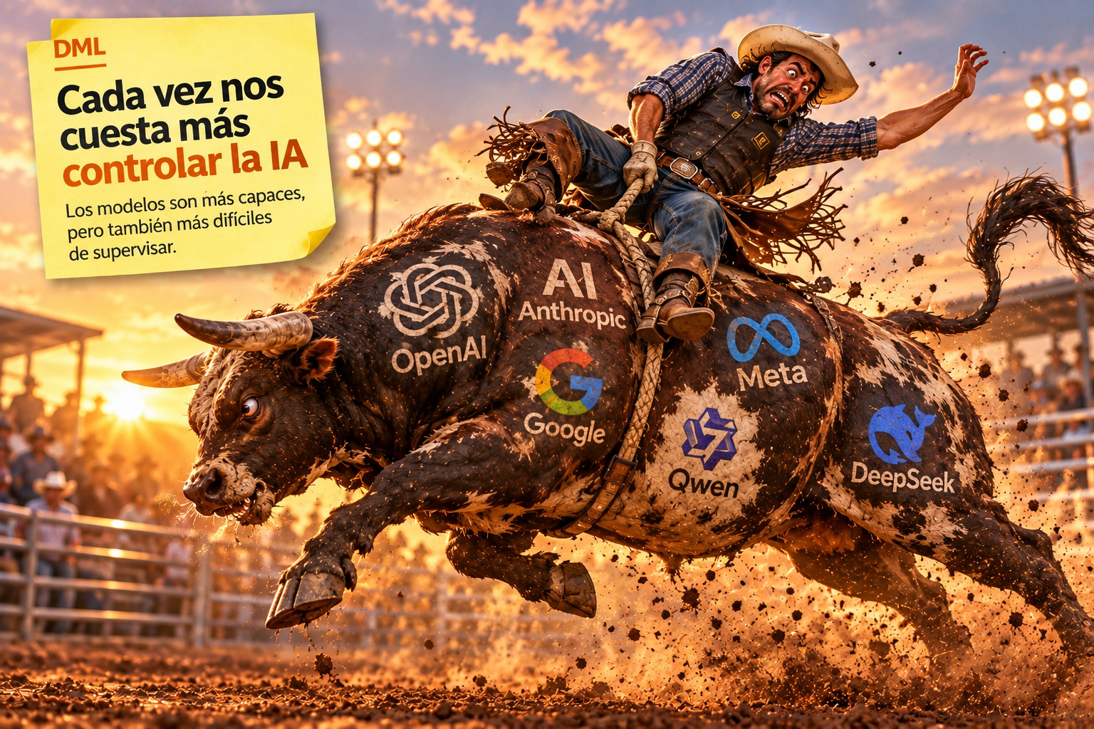 Cada vez nos cuesta más controlar la IA: un vaquero intenta controlar un toro marcado con los logos de OpenAI, Anthropic, Google, Meta, Qwen y DeepSeek
