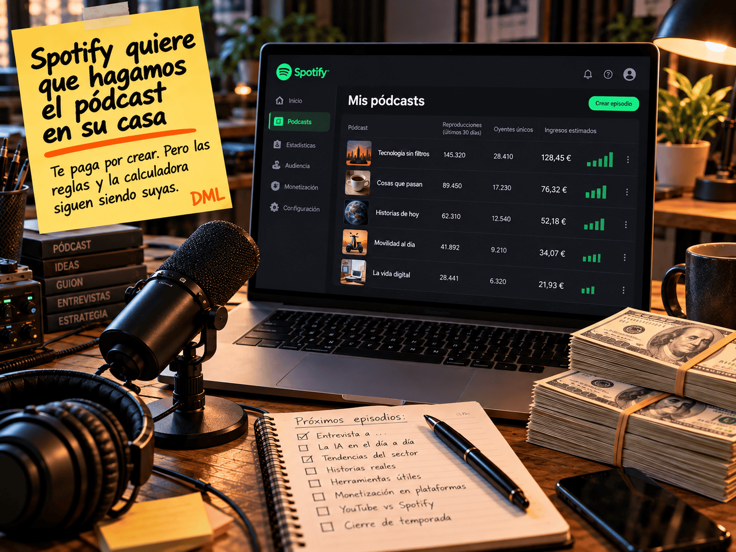 Mesa de podcaster con Spotify, lista de pódcasts e ingresos generados