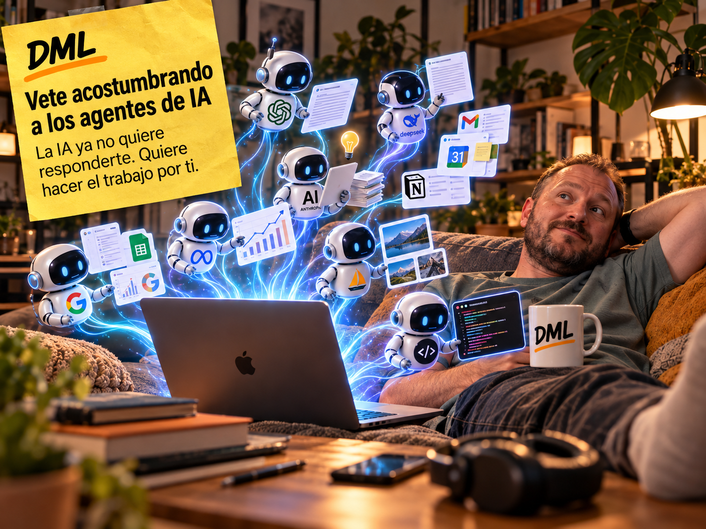 David relajado mientras varios agentes de inteligencia artificial trabajan desde su portátil
