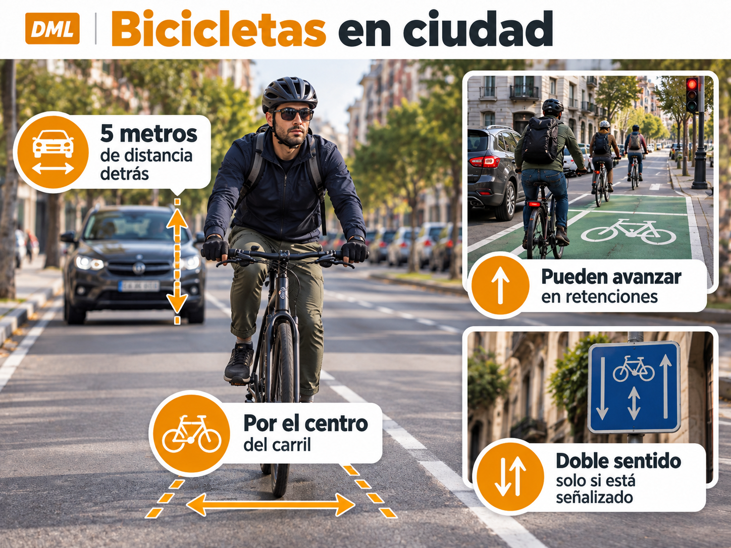 Infografía sobre circulación de bicicletas por el centro del carril, distancia de cinco metros, retenciones y doble sentido señalizado