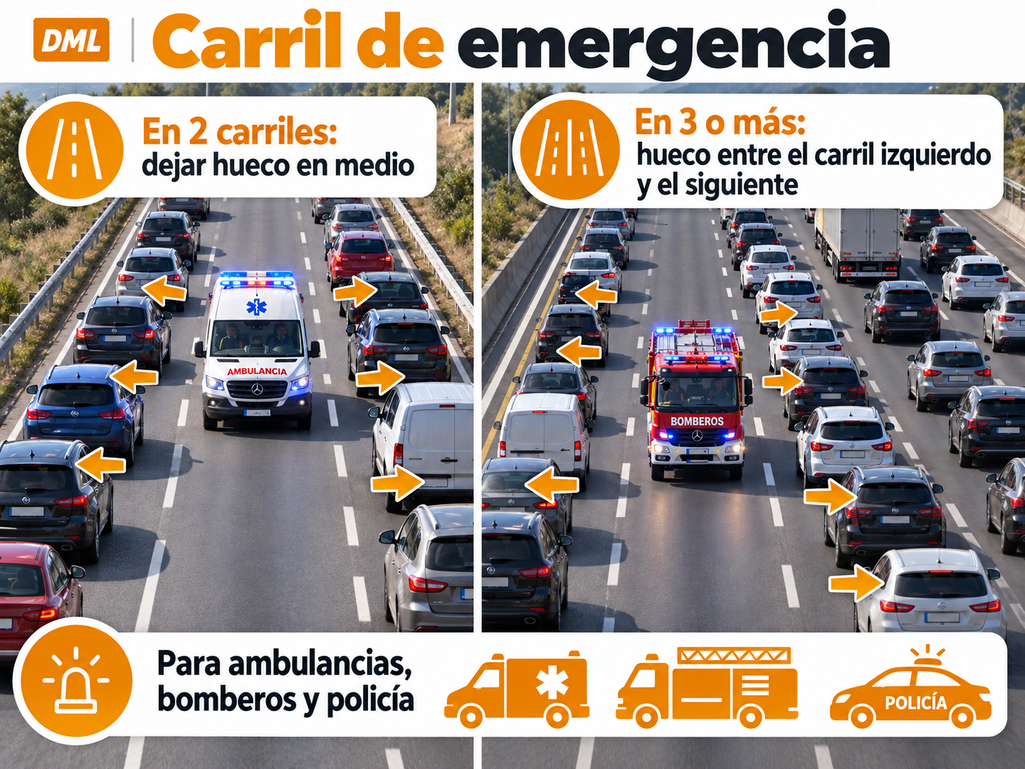 Infografía sobre cómo abrir un carril de emergencia en retenciones con dos, tres o más carriles