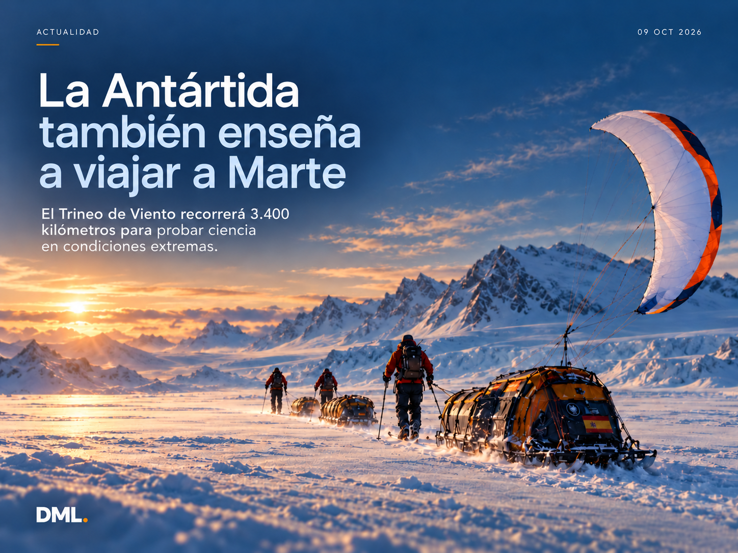 Escena de un trineo de viento en la Antártida con el titular La Antártida también enseña a viajar a Marte