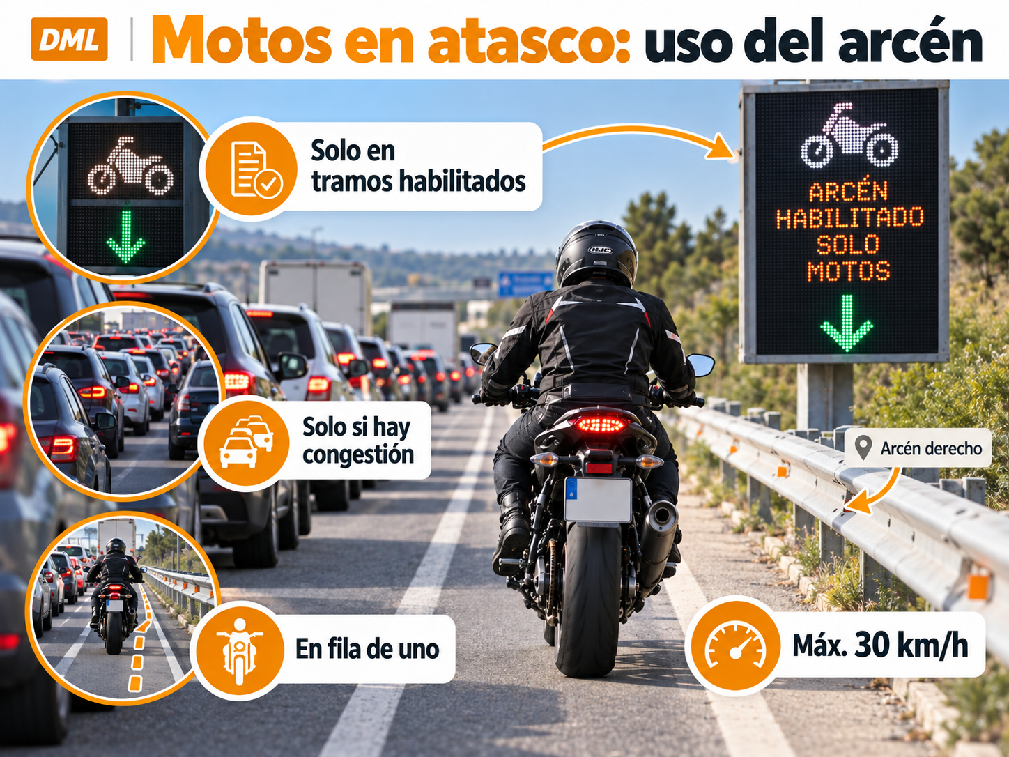 Infografía sobre el uso del arcén por motos en atascos, solo en tramos habilitados y a un máximo de 30 km/h