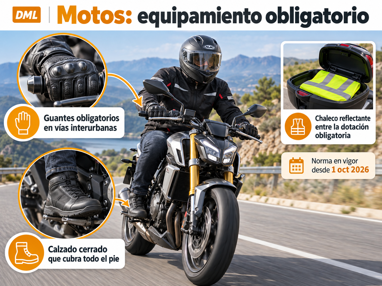 Infografía sobre guantes, calzado cerrado y chaleco reflectante obligatorios para motocicletas
