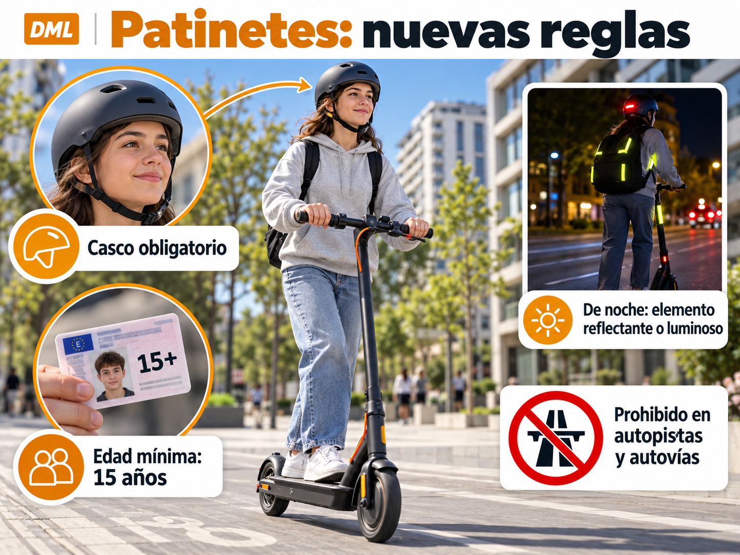Infografía sobre casco obligatorio, edad mínima, visibilidad nocturna y prohibiciones para patinetes eléctricos