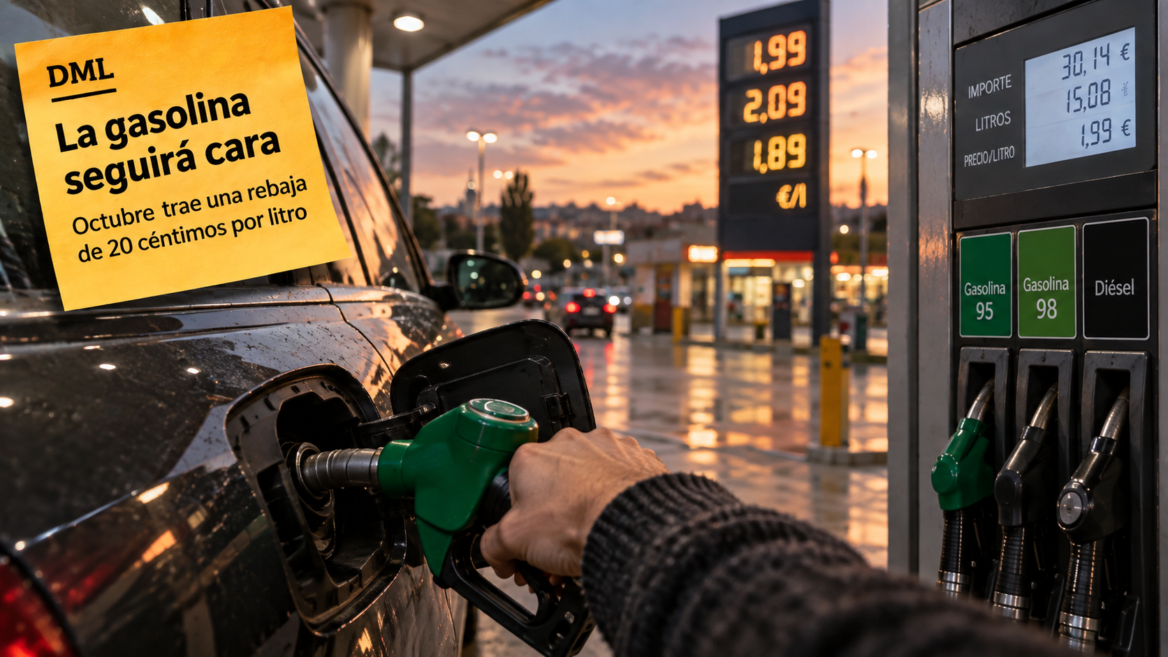 Vista en primera persona repostando gasolina en una gasolinera con precios cercanos a los 2 euros por litro