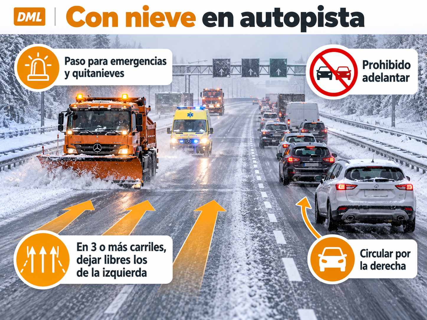 Infografía sobre circulación en autopista con nieve, prohibición de adelantar y carriles libres para emergencias y quitanieves